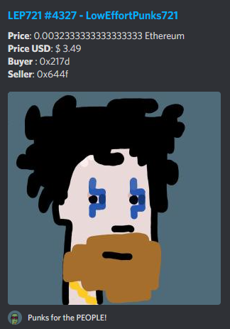 LEP_bot721's tweet photo. A beatiful @LEP721 sold for .00323
Punks for the PEOPLE!
Thank you for your support 
beep boop
0% royalties
Enjoy collecting!
#LEP721 #NFTCommunity #art https://t.co/T8HCJFtuJW