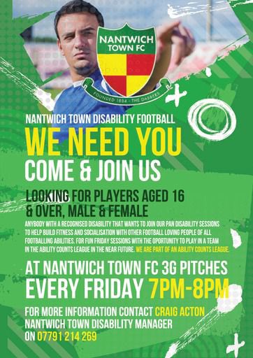 NantwichTownDF's tweet photo. We run 3 teams for everyone of all disabilities and ages:
Adult Pan - Friday 7-8pm
Wolves Visually Impaired - Friday 7-8pm
U16’s Pan - Sunday 4-5pm

All sessions at the @TheDabbers 3G pitches

Please send us a message if you want to come along or have any questions https://t.co/F7U5NexAwU