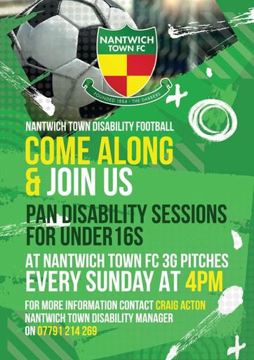 Nantwich Town Disability Football - NTDF (@nantwichtowndf) on Twitter photo We run 3 teams for everyone of all disabilities and ages:
Adult Pan - Friday 7-8pm
Wolves Visually Impaired - Friday 7-8pm
U16โs Pan - Sunday 4-5pm
All sessions at the <a href="/TheDabbers/">Nantwich Town FC</a> 3G pitches
Please send us a message if you want to come along or have any questions We run 3 teams for everyone of all disabilities and ages:
Adult Pan - Friday 7-8pm
Wolves Visually Impaired - Friday 7-8pm
U16โs Pan - Sunday 4-5pm
All sessions at the <a href="/TheDabbers/">Nantwich Town FC</a> 3G pitches
Please send us a message if you want to come along or have any questions