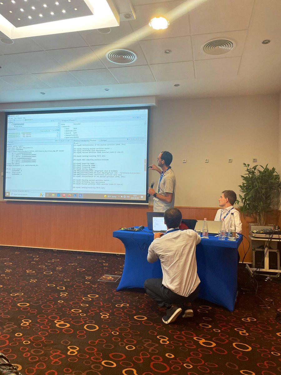 DeRISC_H2020_EU's tweet photo. De-RISC platform use cases are going on! 🚀🛰💫
Jimmy Le Rhun (@thalesgroup), Vicente Nicolau (@fentissXM), and Fabio Malatesta (@cobhamgaisler) show the demonstration of #DeRISC platform at #HiPEAC22 
👇🏼👇🏼👇🏼 https://t.co/YgHosl8WyW