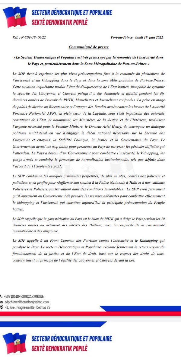 MicroMiragoane1's tweet photo. Constatant l'incapacité du gouvernement d'Ariel HENRY, le SDP évoque la nécessité d'<<un dialogue politique multilatéral en vue d'engager un débat national sur la sécurité des citoyennes et citoyens, la stabilité politique, la justice et la gouvernance du Pays>>.
#RadioMicroFM https://t.co/IhwsxjPMR1
