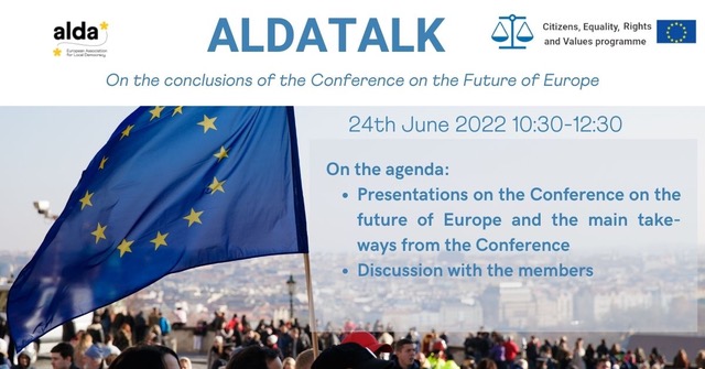 ALDAeurope's tweet photo. ๐ช๐บ#ALDATalk on the conclusions of the #CoFoE is this week! If you are an #ALDAMember join the #ALDATalk on 24 June at 10.30 AM.๐ฃ๏ธ:@AntoValmorbida, ALDA Secretary General, Alexandrina Najmowicz, Secretary General of the @EUCivicForum, Hervรฉ Moritz, Vice-Prรฉsident @ME_Alsace https://t.co/hBxxMy8UPX