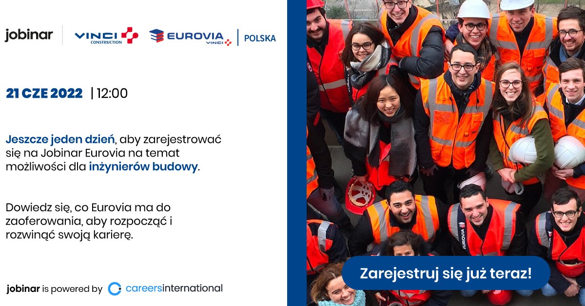 Careers_Intl's tweet photo. JUTRO: Dołącz do online Jobinar z @Eurovia_Group Polska, https://t.co/LJpwldzzTX, oddziałem jednego z wiodących światowych graczy w branży budowlanej, VINCI Construction. Porozmawiaj na żywo z ich ekspertami i dowiedz się więcej o możliwościach i ofertach!
#siteengineer #jobinar https://t.co/rSVo0TwHez