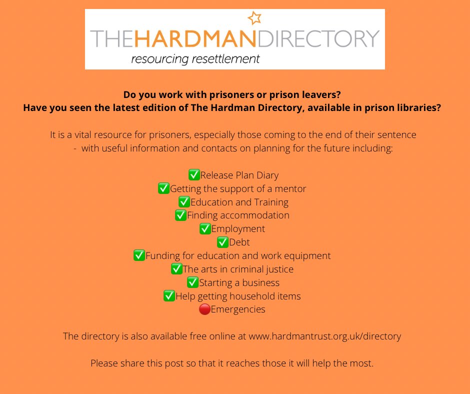 HardmanTrustUK's tweet photo. Do you work with prisoners or prison leavers?

Check out the 2022 edition of The Hardman Directory:

https://t.co/a9Jh4qe5ME

#prison #prisons #prisonleavers https://t.co/2SmmwXKE0J