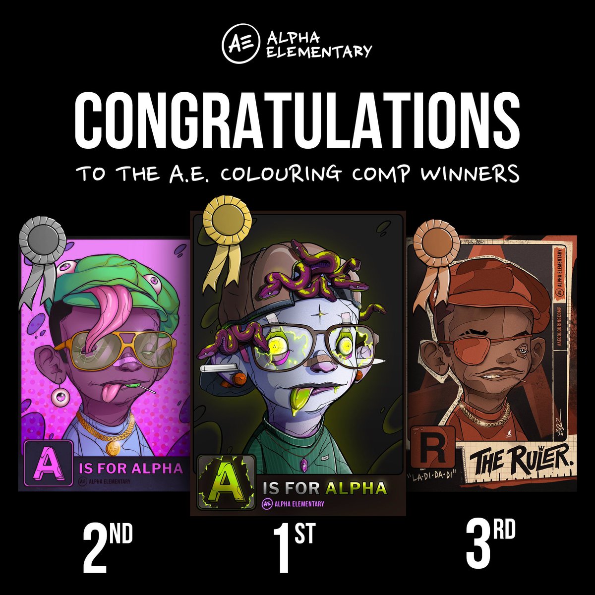 AlphaAcademyInc's tweet photo. After so many killer entries, we're excited to announce the winners of the AE Colouring Art Comp

BIG CONGRATS TO...
🥇@Sleepy_Eyes_nft
🥈@bolusowoolu
🥉@BrettJReed 

Super dope takes on the AE kid. Style for days!  
Huge thanks to everyone that entered ❤️ https://t.co/7kKBf8SzJ7