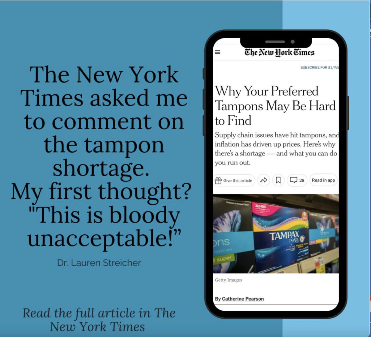 DrStreicher's tweet photo. Suddenly I am the expert on alternatives to #tampons. The best option is to ELIMINATE your period by taking your birth control pill straight through. But I was saying that long before the tampon shortage. Thanks @PreventionMag- love this article! https://t.co/rpKOmAnZkt