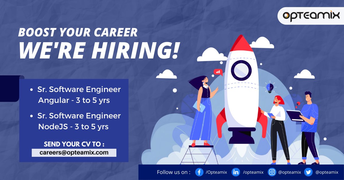 Opteamix's tweet photo. Give yourself the career you deserve! Weโre hiring #SeniorSoftwareEngineers to help us create powerful solutions. Apply now for a rewarding career with us - https://t.co/AU6birRHID
#Angular #NodeJS #agile #techcareers #itcareers #techjobs #itjobs #applynow https://t.co/4FONDGtqN2