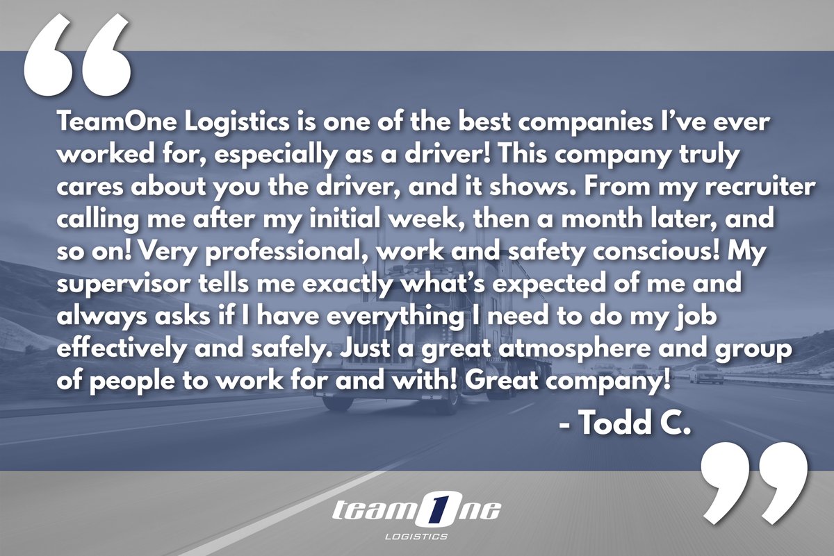 Team1Logistics's tweet photo. Are your employees getting what they need? TeamOne Logistics fuels people, while driving your business - find out more here https://t.co/yrIwgQ91xF

#hiring #truckdrivers #culture https://t.co/EvrtyDsHsj