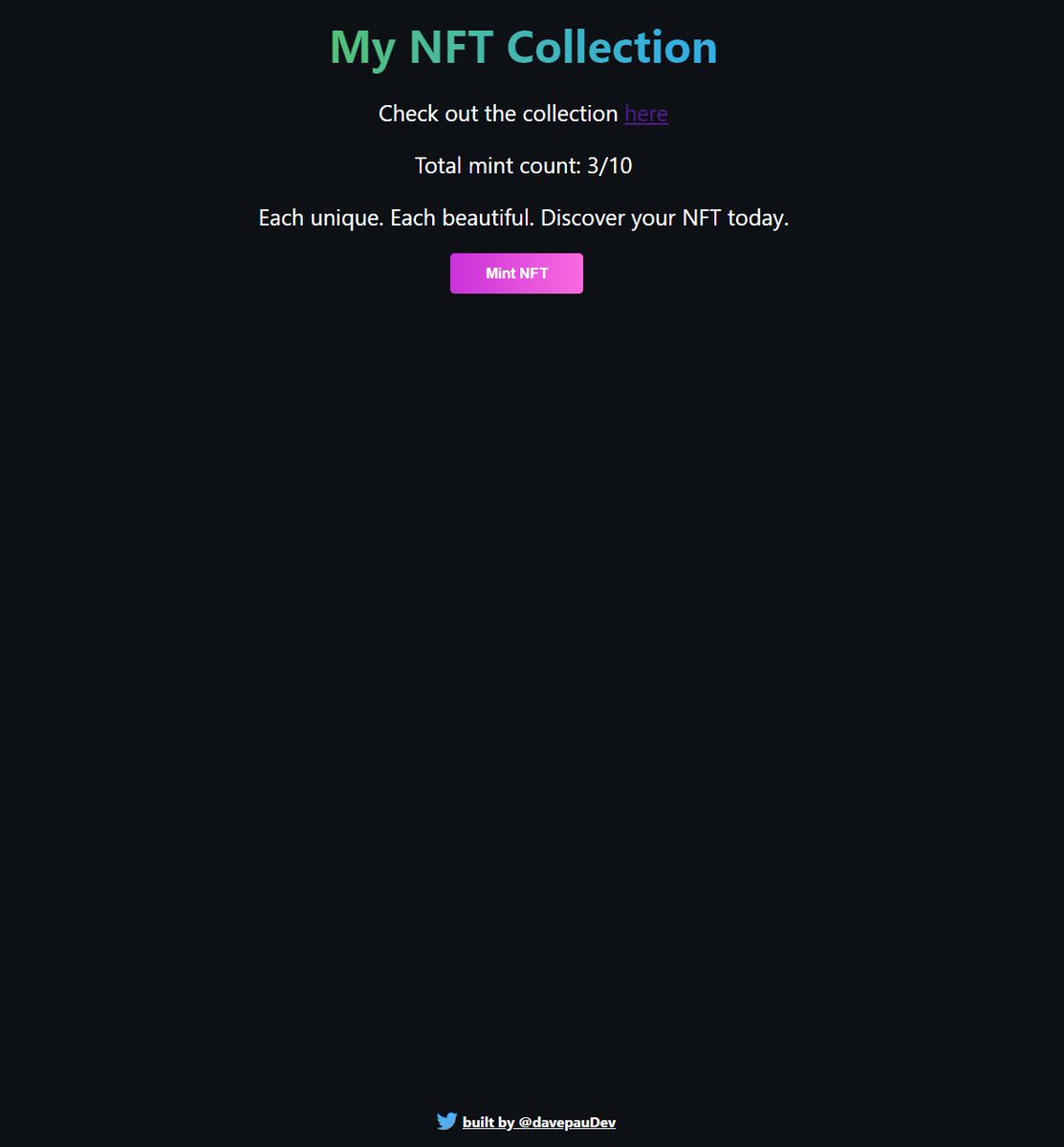 davepauDev's tweet photo. Built an epic NFT collection deployed on the rinkeby testnet.
Thanks @_buildspace for the awesome learning experience.

Finished product:
https://t.co/zufTvORUb5 https://t.co/0QwZokxSFS