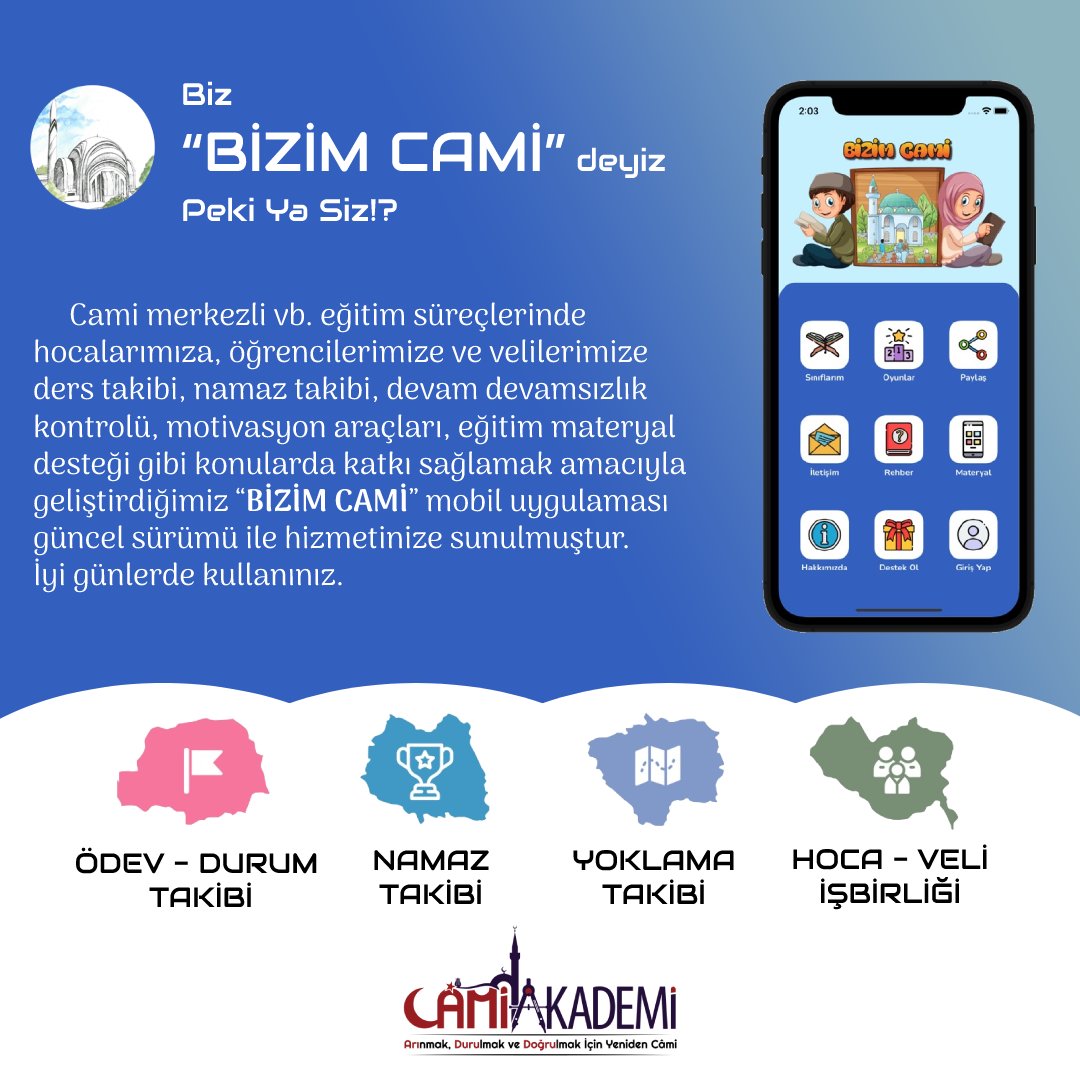 📱"Bizim Cami" mobil uygulamasıyla Yaz Kur'an Kursları, Yaz Kampları vb. eğitimler artık çok daha kolay ve eğlenceli! ✨
Detaylı bilgi için aşağıdaki linke tıklayabilirsiniz.
camiakademi.com/t/bizim-cami-m…