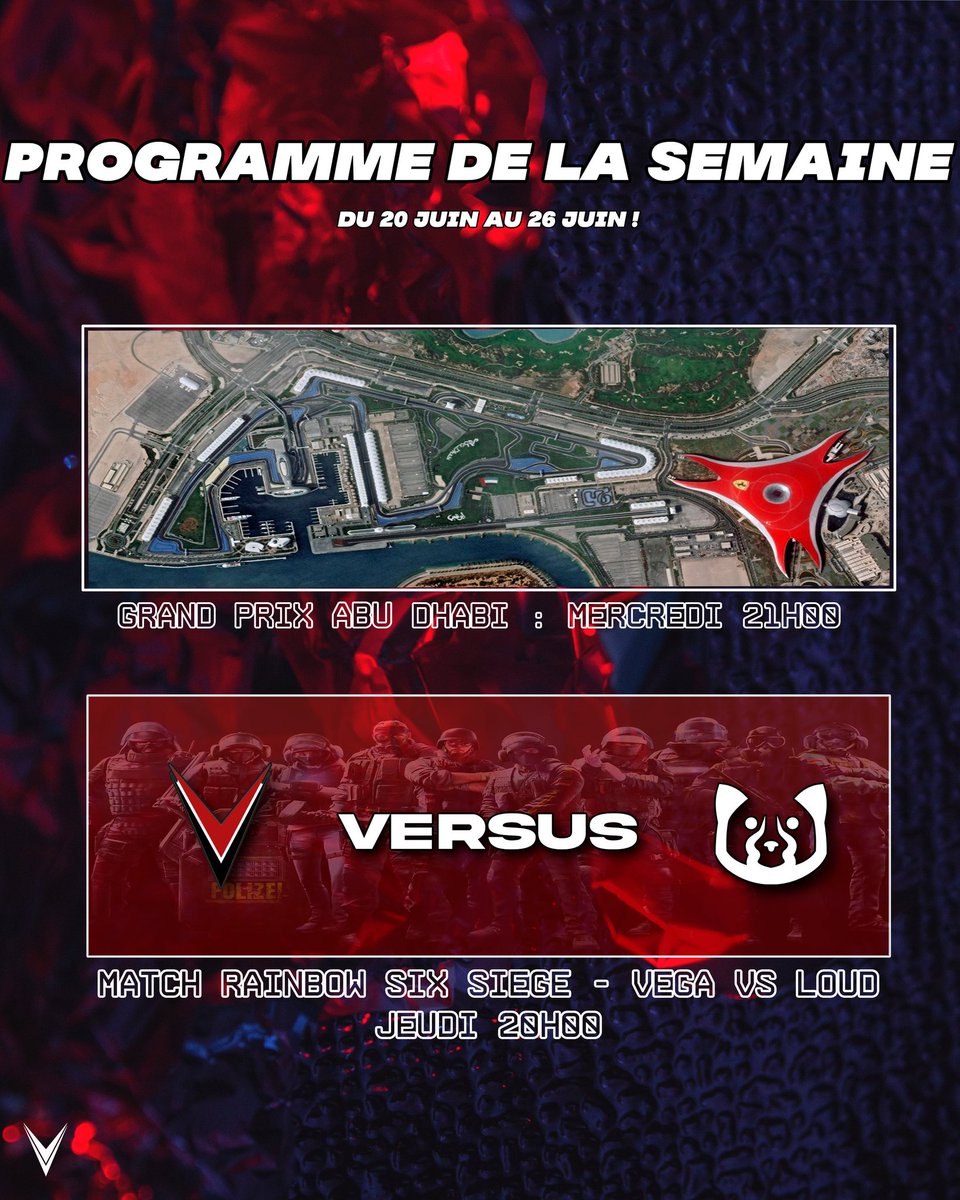 📅 PROGRAMME DE LA SEMAINE !

🏎️ Mercredi 22 juin à 21H00
🇦🇪 Dernier GP de la <a href="/F1_Maniacs/">F1Maniacs</a> pour <a href="/JoqUad39/">ARS JoqUad39</a> qui tentera de décrocher le titre de champion du monde ! 

🔫 Jeudi 23 juin à 20h00
🆚 <a href="/EsportLoud/">Loud</a> dans la <a href="/TalentRainbow6/">Talent League R6</a> pour le dernier match de l'équipe R6 !