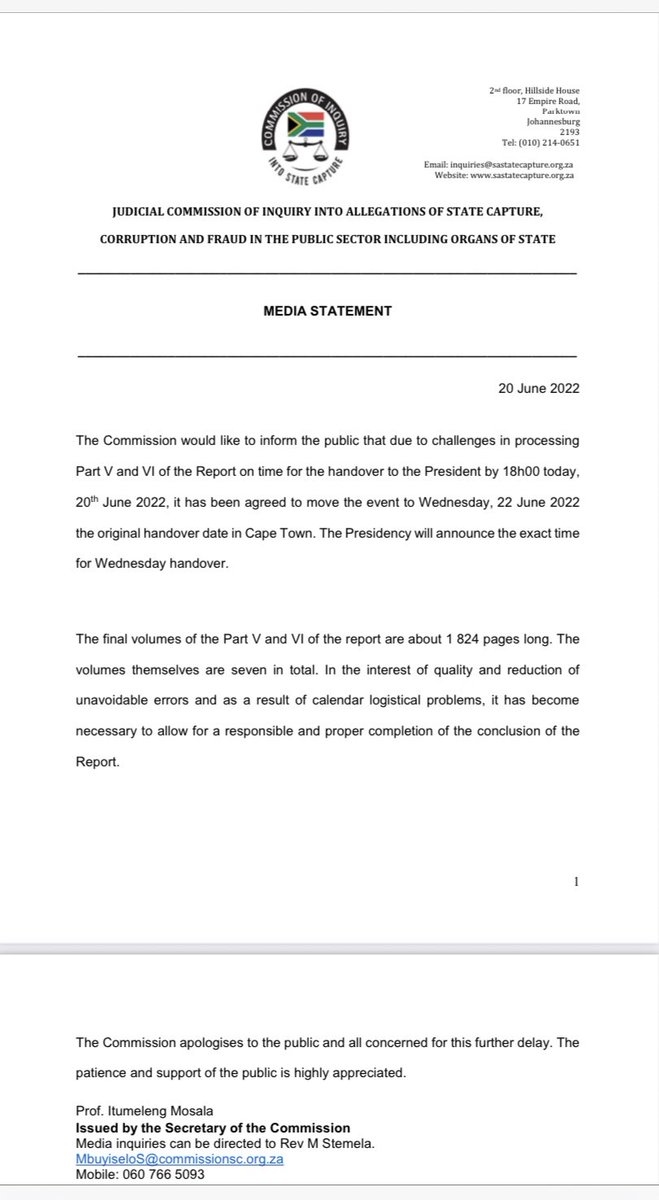 Media Statement #StateCaptureInquiry