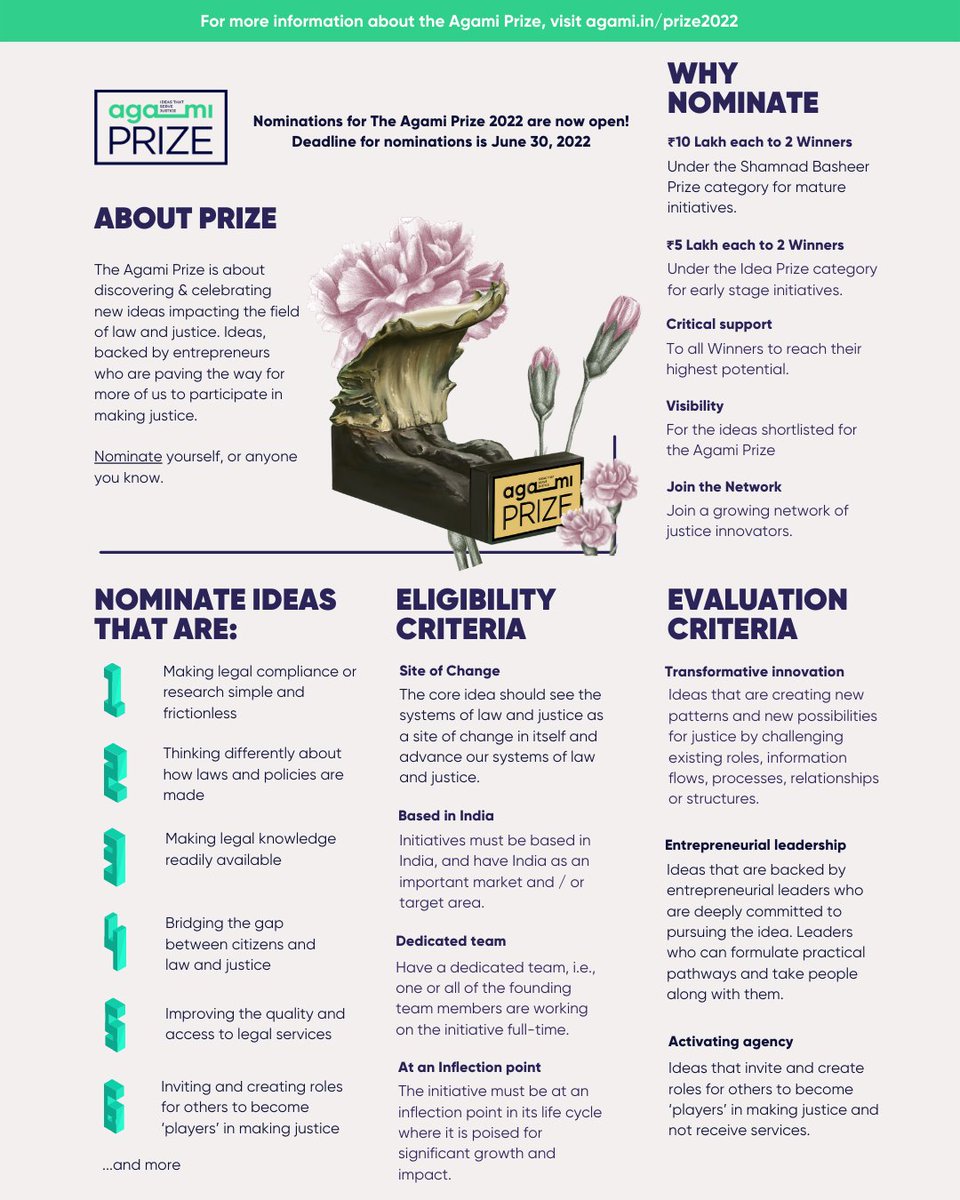 Haven't nominated for the #AgamiPrize2022 yet? Here's all you need to know about the Prize to help you nominate an idea innovatively transforming systems of law and justice. 

Deadline for nominations: 30th June, 2022 
(10 days away!) 🗓