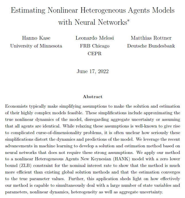 Can machine learning techniques be used to solve and estimate HANK models? In a new paper, joint with @HannoKase and @LeonardoMelosi, we propose an approach based on neural networks to estimate a nonlinear HANK model with idiosyncratic and aggregate uncertainty. Short🧵below