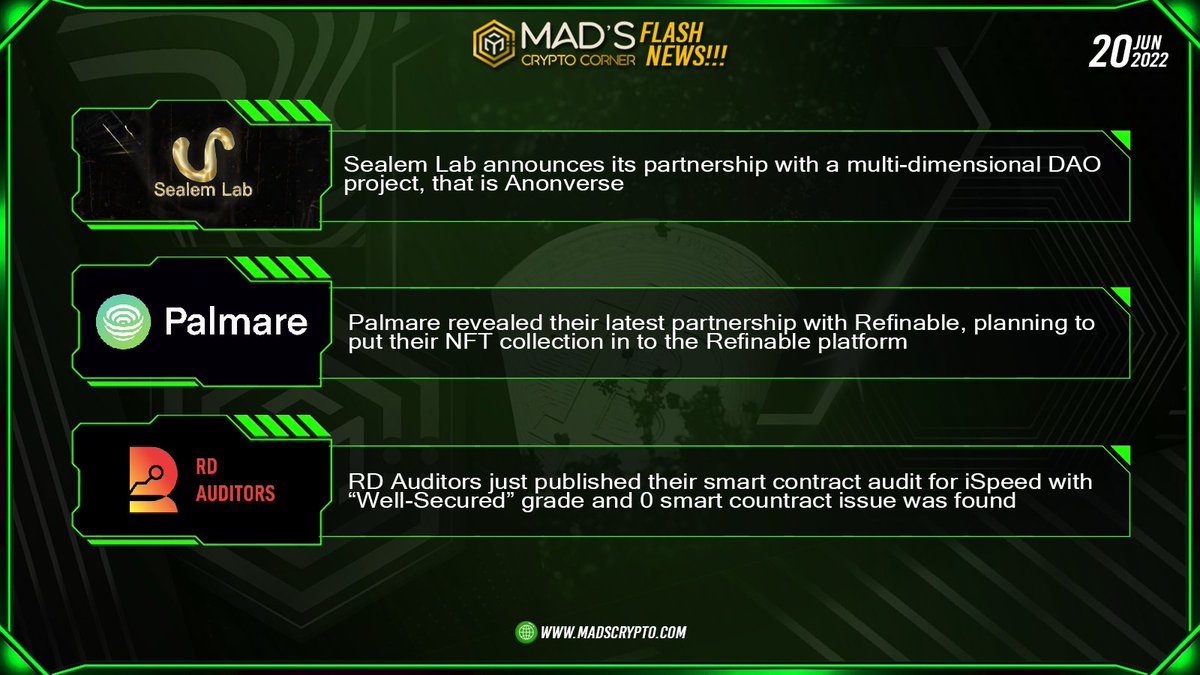 Mad's Crypto 🔶 (@madscrypto_) on Twitter photo 🗞 Mad's Crypto Corner: #FlashNews June 20th 2022 🚀
.
.
1️⃣ <a href="/SealemLab/">Sealem Technology</a> Partnership with <a href="/Anon_Metaverse/">Anonverse | We're Hiring!</a>
Sealem Lab announces its #partnership with Anonverse, a multi dimensional Decentralized Autonomous Organization (#DAO) project.
👉 x.com/SealemLab/stat… 🗞 Mad's Crypto Corner: #FlashNews June 20th 2022 🚀
.
.
1️⃣ <a href="/SealemLab/">Sealem Technology</a> Partnership with <a href="/Anon_Metaverse/">Anonverse | We're Hiring!</a>
Sealem Lab announces its #partnership with Anonverse, a multi dimensional Decentralized Autonomous Organization (#DAO) project.
👉 x.com/SealemLab/stat…