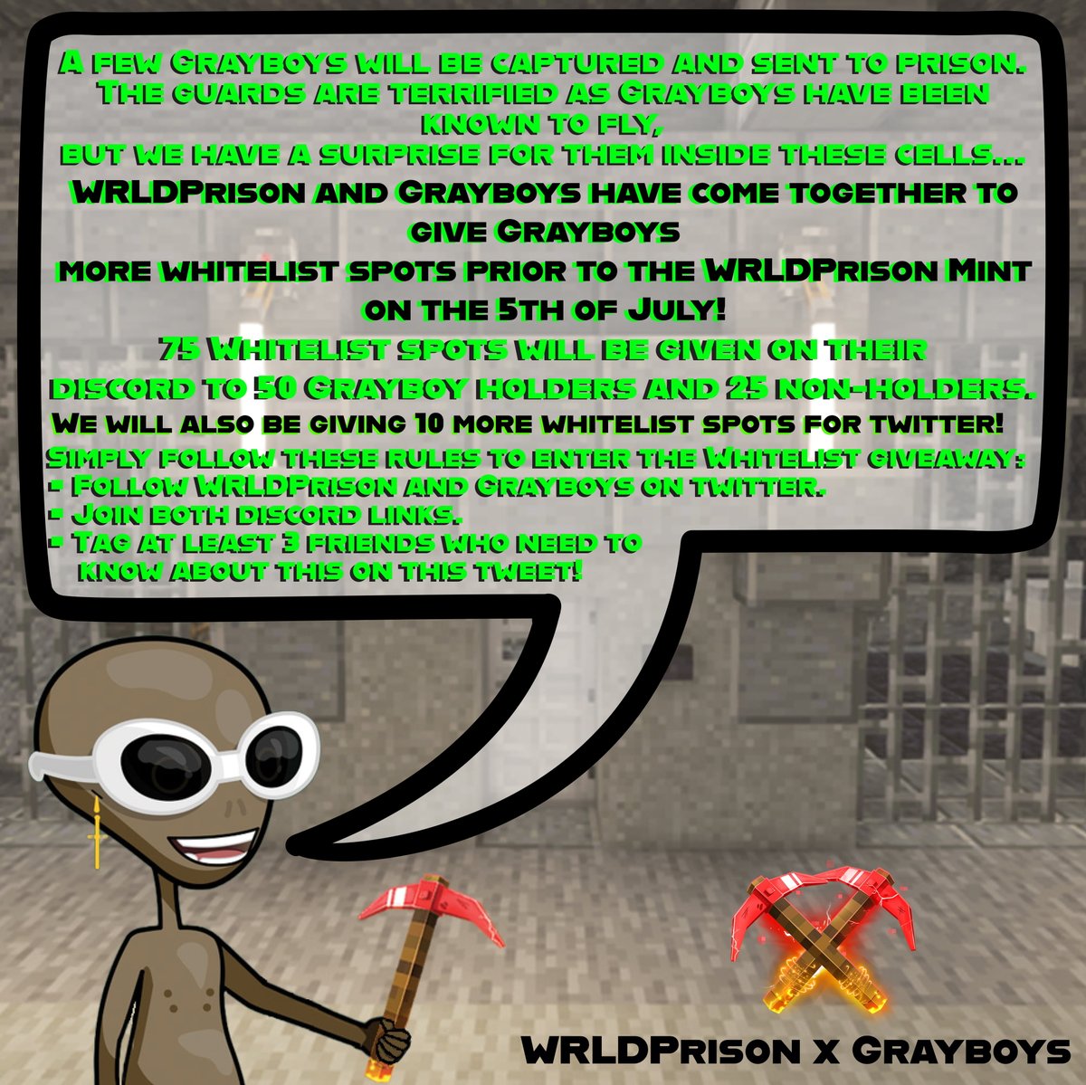 Grayboys the guards <a href="/WRLDPrison/">Dungeonized</a> are asking for some of you to turn yourselves in!

We are giving away 10 Whitelist spots for WRLDPrison.

To enter:
Like &amp; RT &amp; tag 3 friends

Follow <a href="/grayboysdao/">Gray Boys</a> and <a href="/WRLDPrison/">Dungeonized</a> 

Join both discords

<a href="/nftworldsNFT/">NFT Worlds</a> #NFTGiveaway #NFTWhitelist