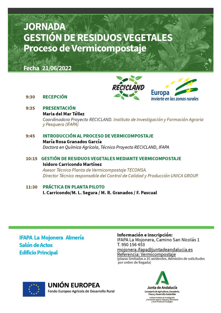 ♻️ Si estás interesado en transformar los restos vegetales de tus cultivos en humus de lombriz, tenemos una jornada técnica para ti mañana

♻️ El proceso se denomina vermicompostaje y te contaremos todas sus fases 

📝 Inscríbete en: lajunta.es/3qorj