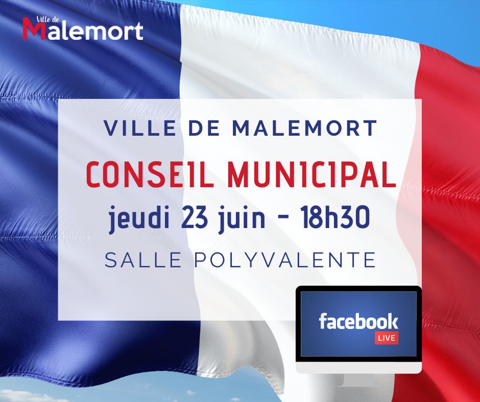 | Conseil Municipal de #Malemort | 🏘🇫🇷
Retrouvez l'ordre du jour du Conseil Municipal qui aura lieu :
📅 jeudi 23 juin à 18h30
📍 Salle Polyvalente (derrière la Mairie)
📑➡️ bit.ly/3hflaHn
🎦 Diffusion de la séance en direct sur notre page Facebook