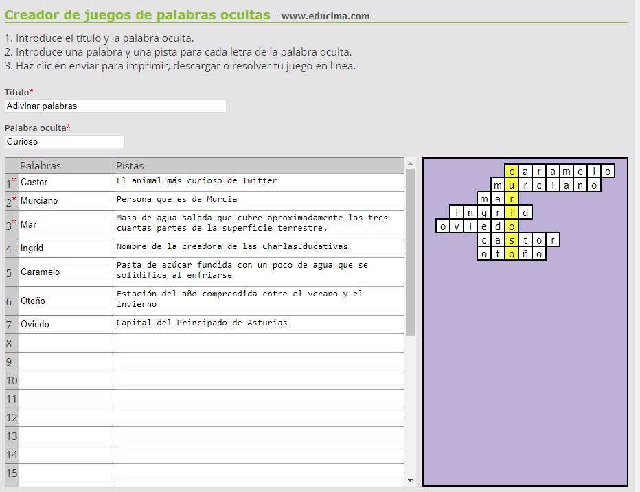 Aquí tenéis un generador de palabras ocultas para jugar en línea o para imprimir.
Es gratuito, muy sencillo de utilizar y no hace falta registrarse. 
educima.com/hiddenwordgene…
Aquí podéis ver el ejemplo que hemos creado.
educima.com/hiddenwords/ad…
Esperamos que sea de utilidad. 😊