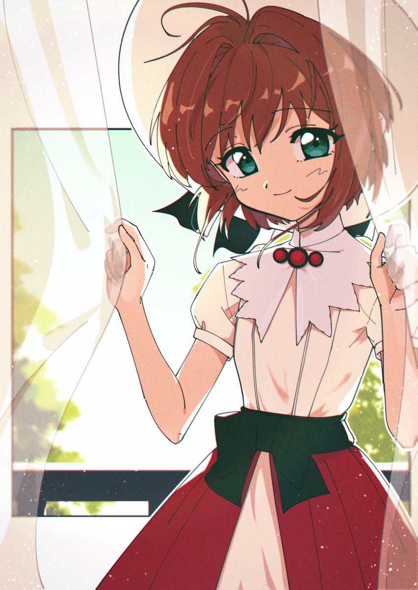 kinomoto sakura 1girl solo brown hair curtains smile curtain grab green eyes  illustration images