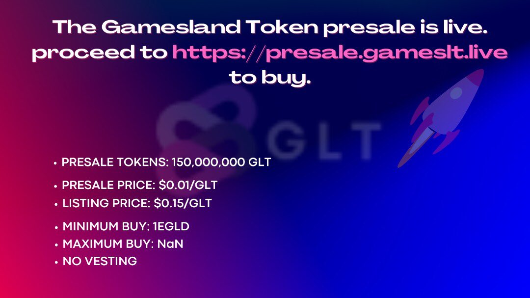 GamesLand Token presale is live. Proceed to presale.gameslt.live to buy.

#elrond #elrondtech #elrondcommunity #Glt #presale