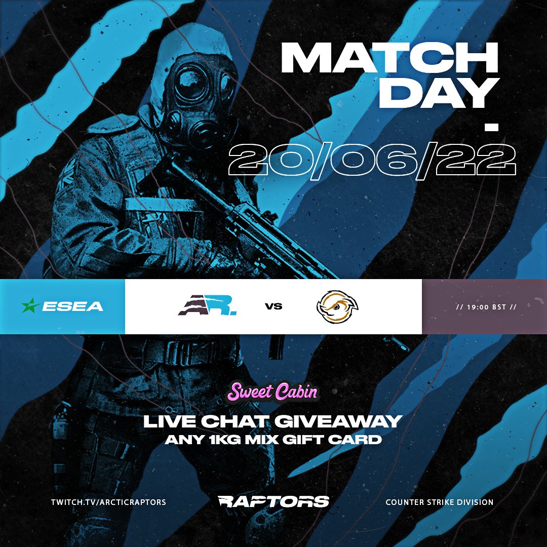 [#CSGO]

PLAYOFFS DAY!

All live viewers on the stream tonight have a chance to win a 1KG mix gift card from <a href="/SweetCabinUK/">Sweet Cabin 🍬</a> 

Keyword for the giveaway will be released in the Twitch chat 🍬🍭

🆚<a href="/Codebasegg/">Codebase</a>
⏰7PM BST
🗺️Bo3 Series
📺twitch.tv/ArcticRaptors