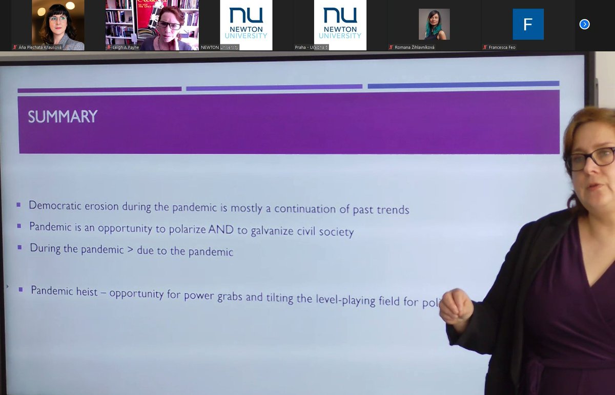 Gutted I had to join online <a href="/newtonunicz/">NEWTON University</a> today... Already heard from Prof Leigh Payne from <a href="/LACOxford/">LAC Oxford</a> about the #right-against-rights in #LatinAmerica - now Prof <a href="/PetraGuasti/">Petra Guasti</a> is sharing research on democratic erosion in #VisegradFour. Prof @CasMudde up next! #farright #pandemic