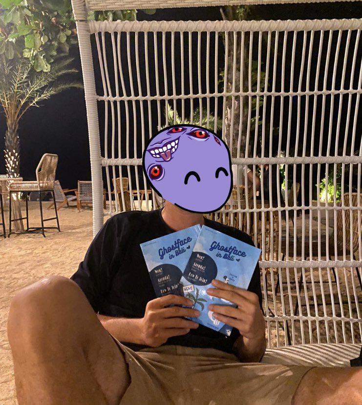 aulialoveslily's tweet photo. Made this “Ghostface in Bali” notebook to give it to ma lovely frens, I’ll keep giving it out to my frens tomorrow so they can KNOW WHAT IS GHOSTFACE👻👻🥰🥰 #Ghostfaceweek @GhostfaceNFT @BMO_GF @wgmidiot @bennymax_ @prinzNFT17 https://t.co/uvnNjEX3nH