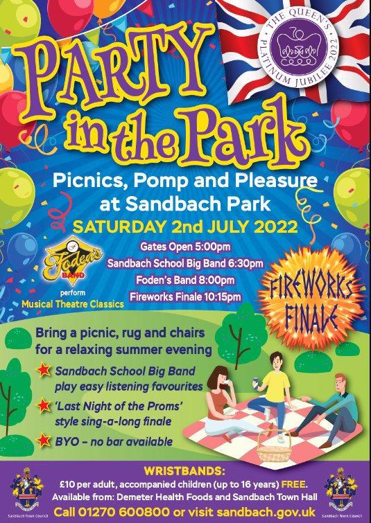 Sandbach Party in the Park is back for its 10th Anniversary, Saturday 2nd July 2022! Bring a picnic for a relaxing evening of music culminating in a fabulous fireworks finale!
Tickets £10 per adult (17 &amp; over) are available from Sandbach Town Hall &amp; Demeter Health Foods 🇬🇧🎼🎵
