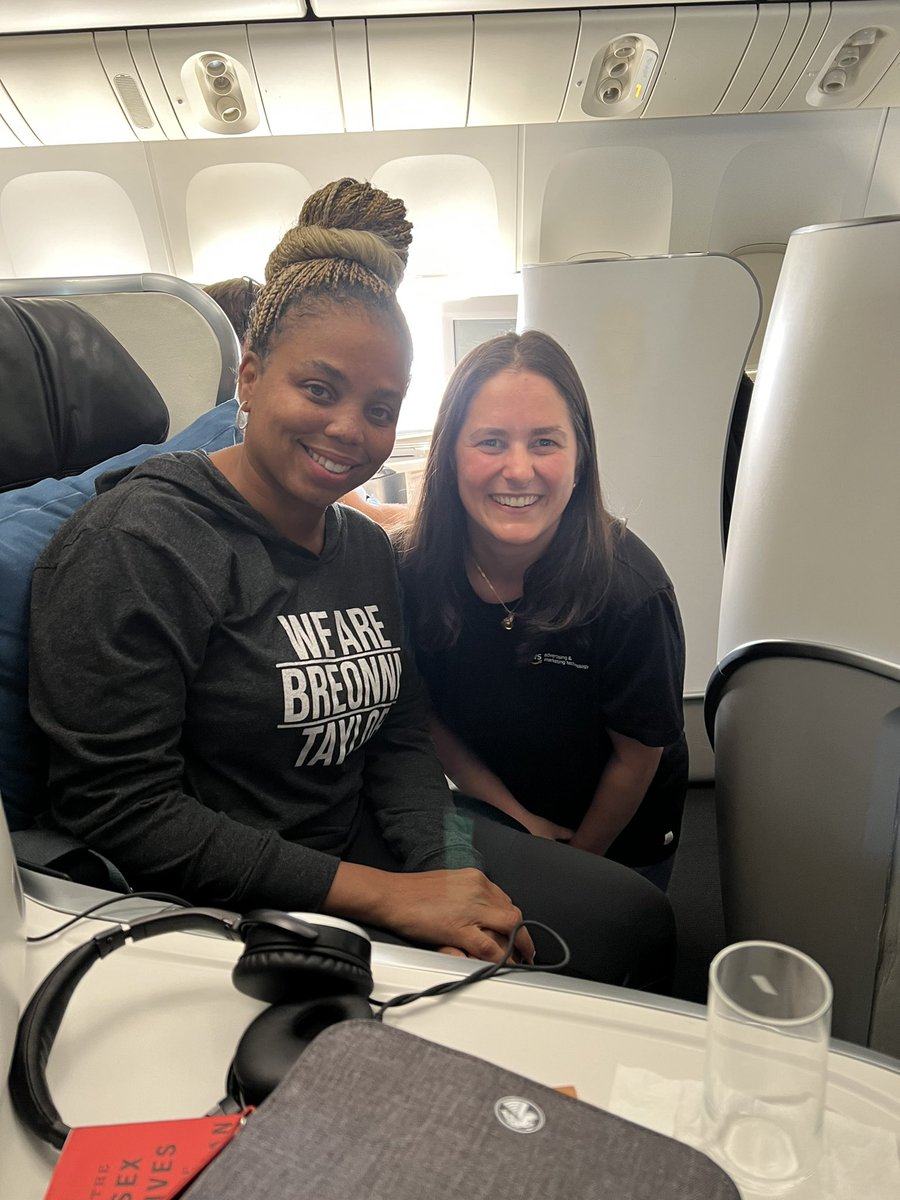slayser8's tweet photo. I fan-girled so embarrassingly hard when I met @jemelehill on my flight to Cannes but she was so sweet and let me take a photo with her after I snuck into first class for it. Epically cool. If you don’t listen to @JHillUnbothered on @Spotify you are missing out! https://t.co/tsTa601ObU