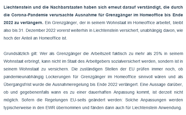 Good news für Grenzgängerinnen und Grenzgänger, die gerne im Homeoffice arbeiten. Just heute Mittag hat die AHV bekanntgegeben, dass die pandemiebedingte Sonderregelung bis Ende Jahr verlängert wurde.