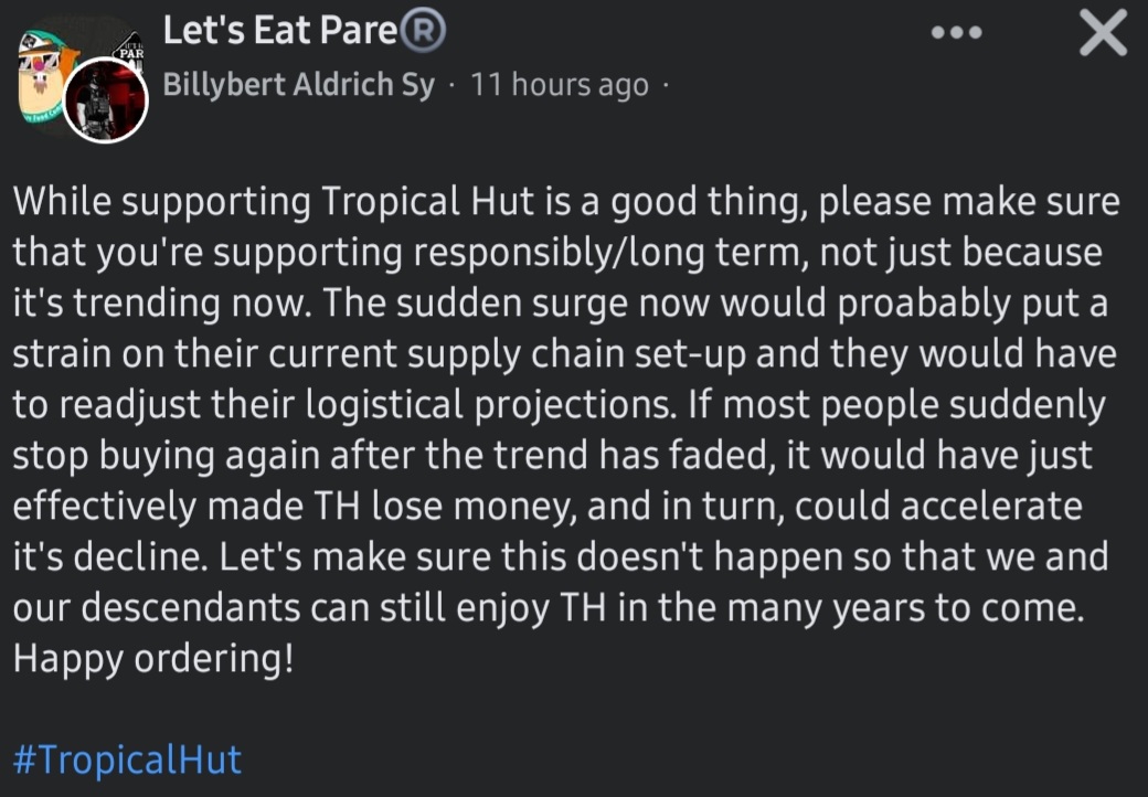 physio_markyyy's tweet photo. this is a gentle good reminder for all of the pips who's ordering and supporting #TropicalHut 🙂

Screengrab in FB https://t.co/6FP6aMGNwE