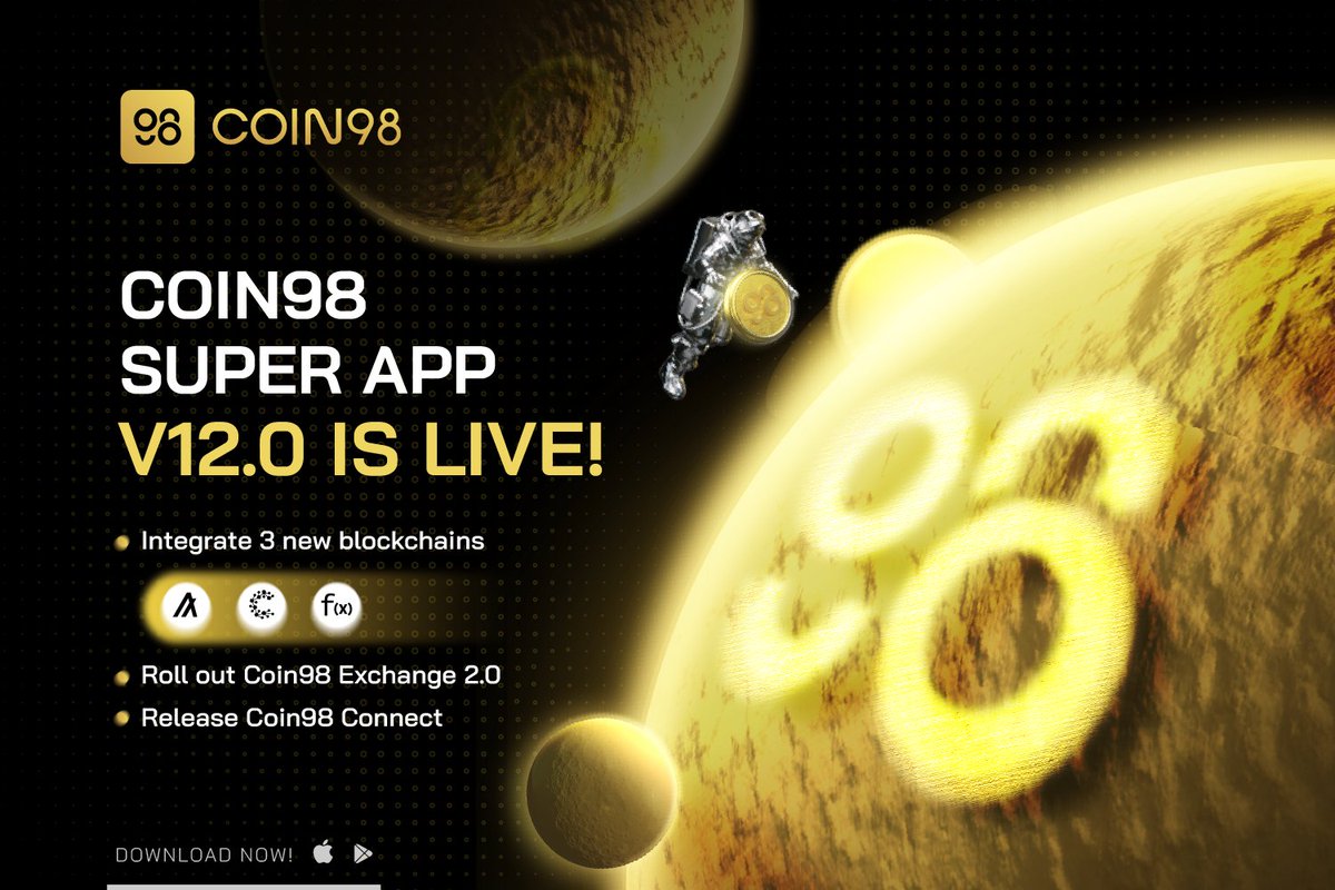 1/ Heading towards being Your Crypto Everything App, #Coin98SuperApp has upgraded to V12🚀

Have you enjoyed the advances?👇

🌕Roll out #Coin98Exchange 2.0 
🔗Integrate 3 new blockchains: @Algorand, @Casper_Network, @FUNCTIONX_IO
🔗Introduce Coin98 Connect

Look at more in🧵