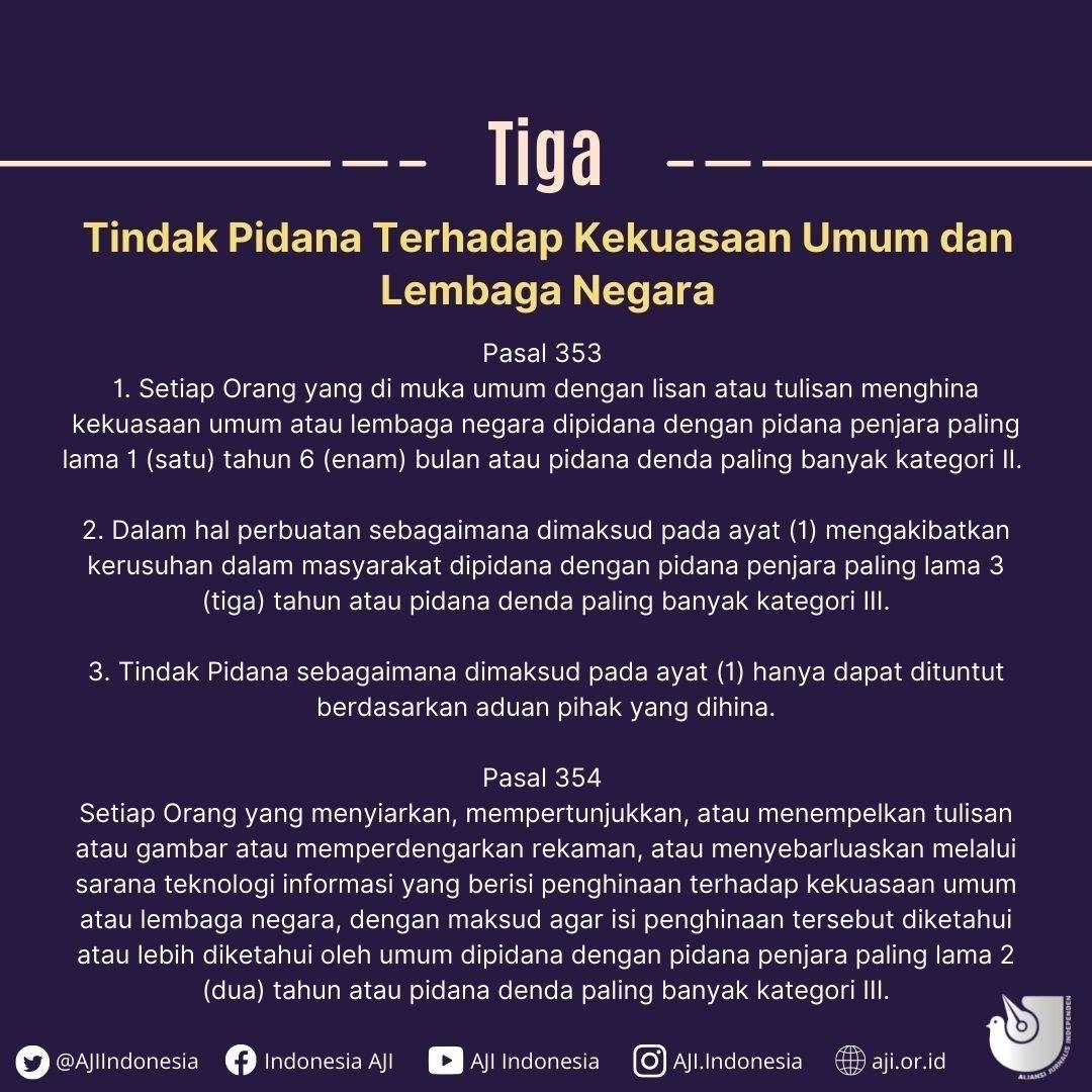 AJIIndonesia's tweet photo. AJI mengidentifikasi setidaknya ada 14 pasal bermasalah yang mengancam kebebasan pers yang dibahas dalam draf RUU KUHP tahun 2019.

Belasan pasal ini membuat pekerjaan jurnalis berisiko tinggi karena terlihat dengan mudah untuk dipidanakan.

... https://t.co/UZYkQMdpkV