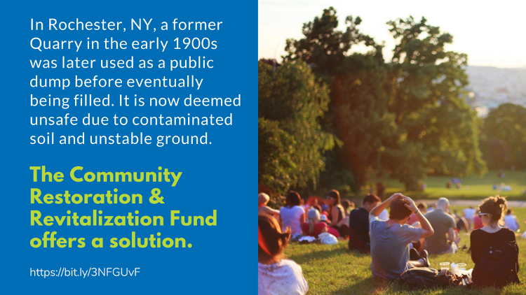 ConnectedComROC's tweet photo. In Rochester, NY, a former quarry-turned-public landfill is thwarting community-led revitalization. The Community Restoration &amp; Revitalization Fund is a solution that could accelerate the community’s vision. 
https://t.co/IxpJHyrTgo 
#FundCivicInfrastructure https://t.co/Is762e3Jzv