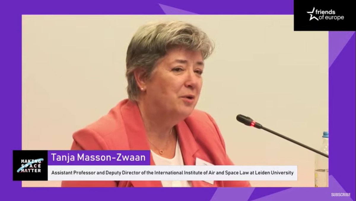 FriendsofEurope's tweet photo. Space is *not* a "wild, wild west", "there are regulations that have kept space peaceful for 60 years", argues Tanja Masson-Zwaan (@tanjamasson), Assistant Professor and Deputy Director @Leiden_IIASL, at our #MakingSpaceMatterSummit. https://t.co/r5UH00x05w