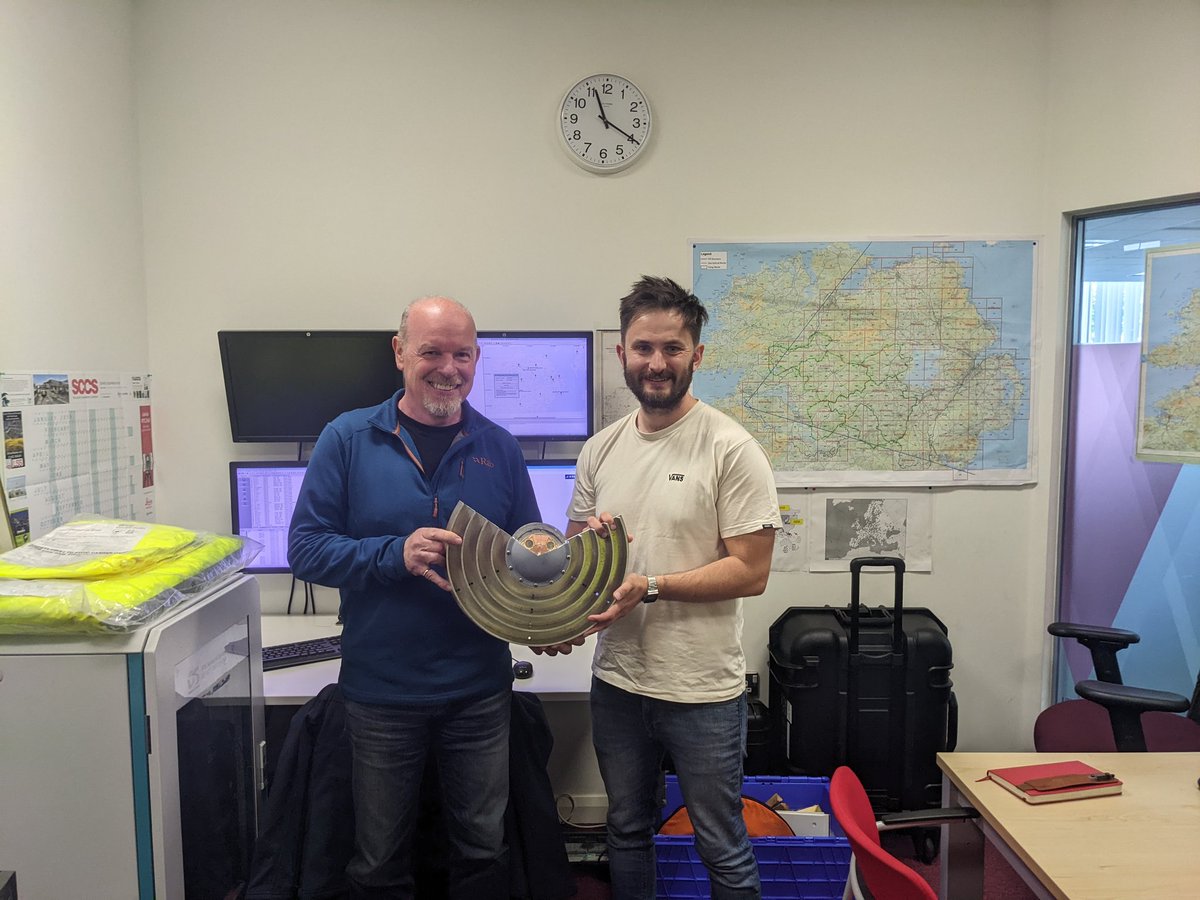 GeoConor's tweet photo. Handing over one of the custom sectioned #GNSS Geodetic Antennas to the survey team @osni_maps One for #OS200 and one for @QUBGeography #GISLab😎 Thanks to members @QUBelfast @QUBMAE machine shop for helping with this crazy idea 🛰️🌐🗺️🌍 #GeoTeam #Geomatics #GeoInfra #Recycle https://t.co/XpueDBIB0c