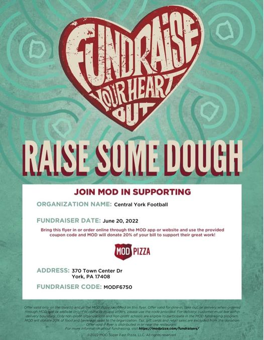 🏈⚫️🟠Come out and support Central York Football Tonight 🏈⚫️

@📍Mod Pizza- 370 Town Center Drive

Bring the flyer below or order online 

💻Online ordering code - MODF6750

<a href="/MikeCesarano/">Michael Cesarano</a> <a href="/Coach_Judge11/">Rees Judge</a> <a href="/Adam60719193/">Coach Ogle</a> <a href="/CYCoachCampbell/">Joshua Campbell</a> <a href="/Danny_Pham_/">Danny Pham</a>