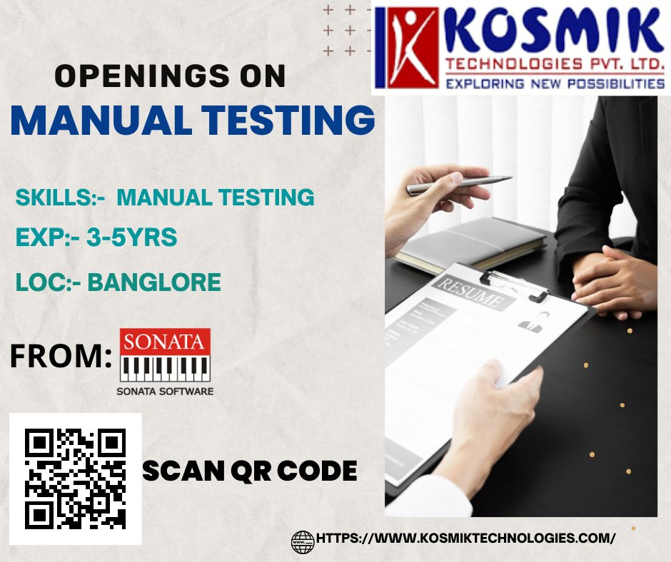 Openings on Manual Testing 
#itjobsearch #ManualTestingOpenings #ManualTesting  #ManualTestingjobs #software
#softwarejobs #walkins #ManualTestingtraininginhyderabad   #HyderabadITJobs  #jobs #jobs2022 #kosmik #manualtestingwalkins