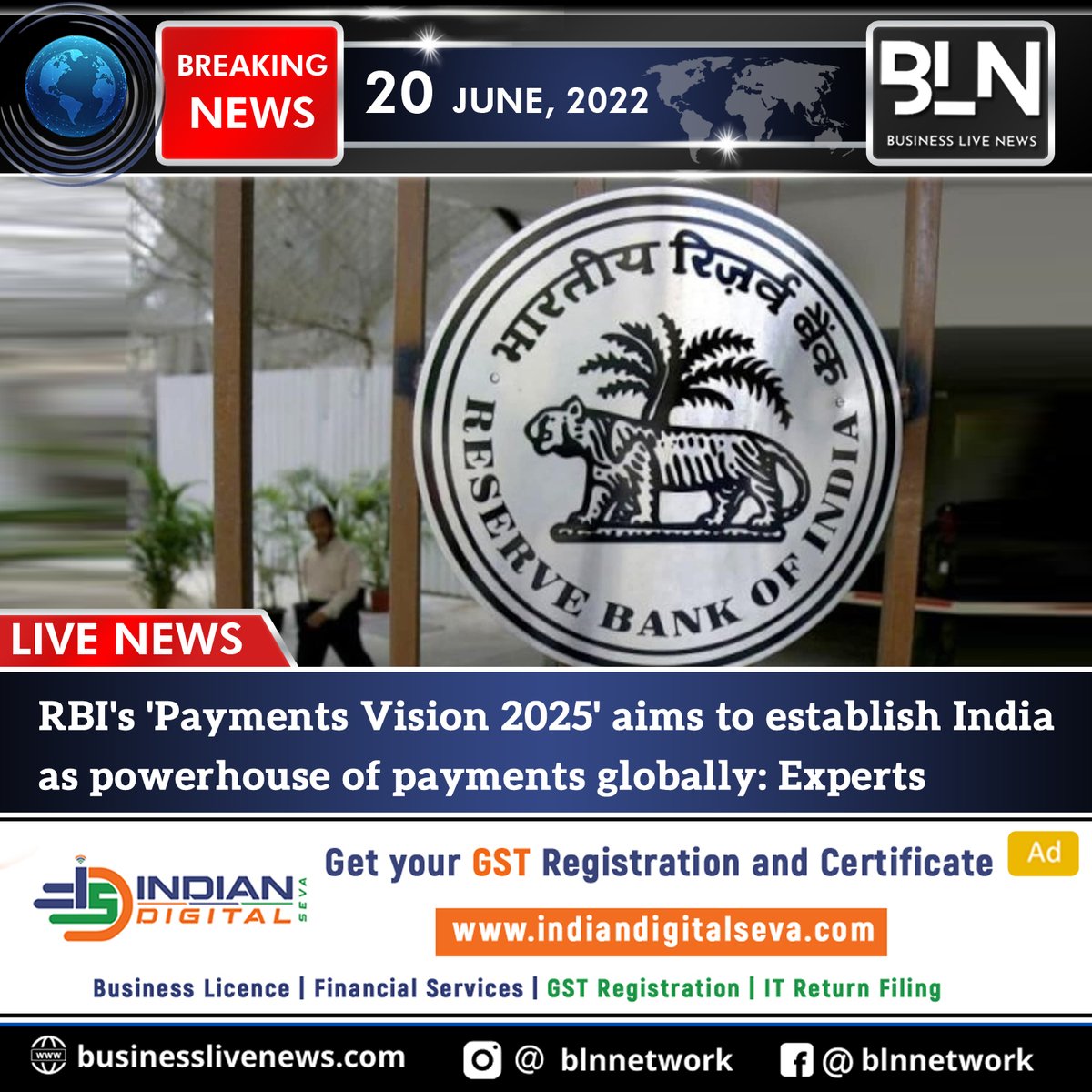 blnnetwork1's tweet photo. RBI's 'Payments Vision 2025' aims to establish India as powerhouse of payments globally: Experts
#bln #BLnews #Businessnews #BusinessLiveNews #LiveNews #Live #RBI #Paymentvision #Globalpayment https://t.co/dh1akAkCKR