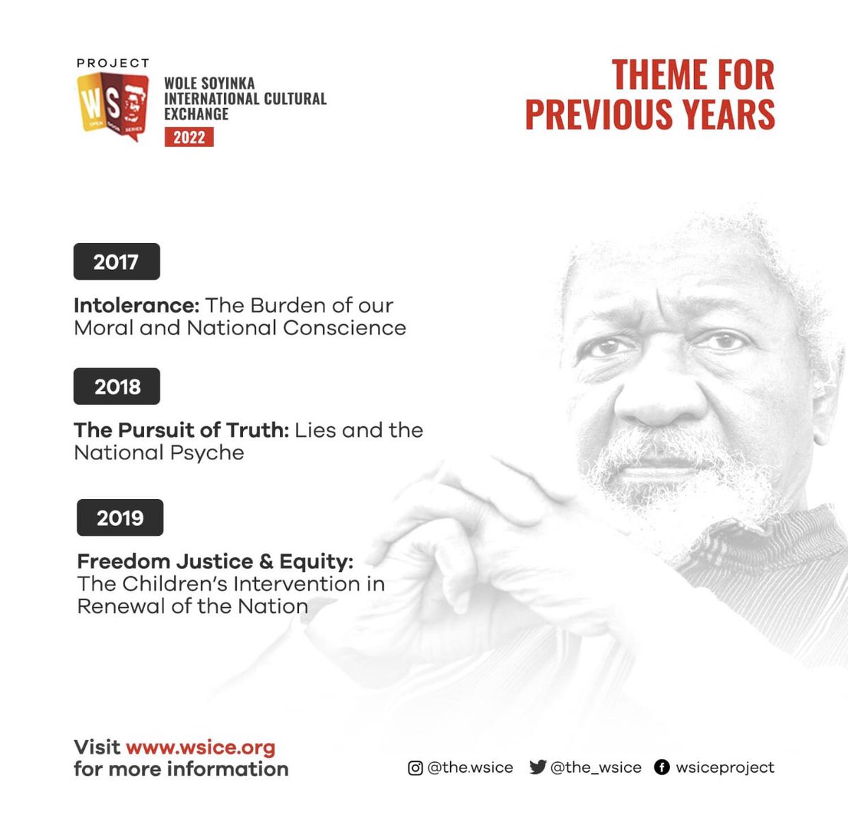 THE_WSICE's tweet photo. Let us know what your favorite Wole Soyinka International Cultural Exchange Program theme is.

#wsice #wsice2022 #literature #WoleSoyinka #literature https://t.co/TZmhdlxkgj