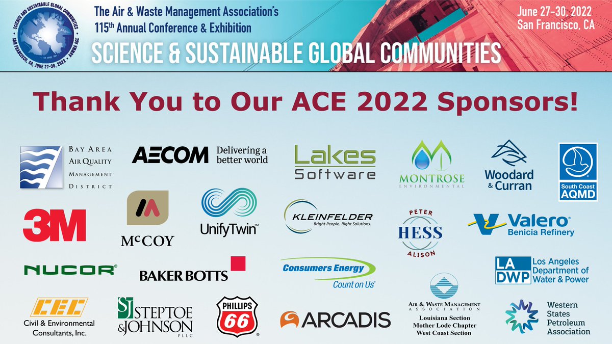 AirandWaste's tweet photo. Thank you to our ACE 2022 sponsors! Learn more about our sponsors at https://t.co/J6YiQ2dFht. #AwmaACESF22 https://t.co/6BQPl7dQZW