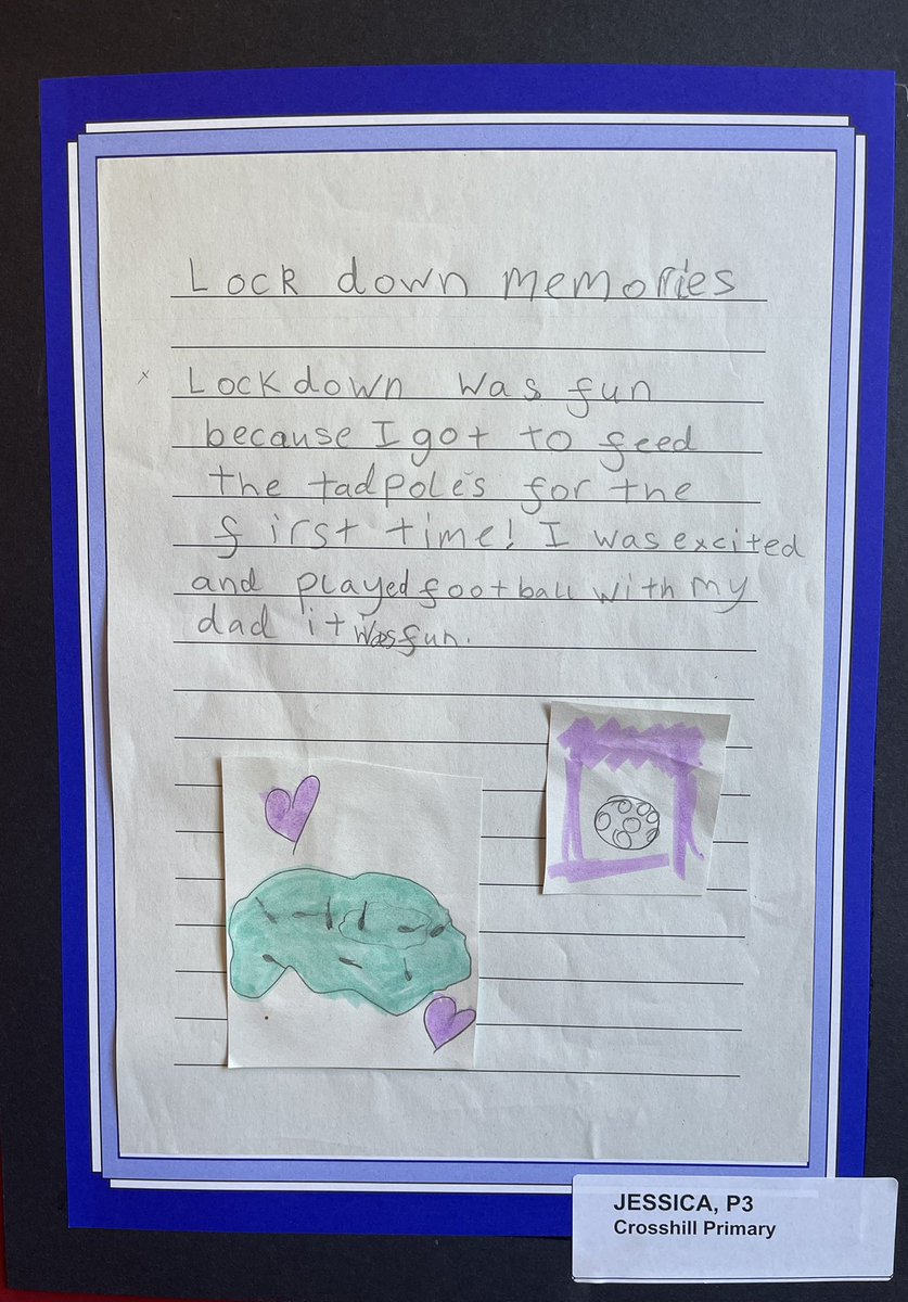 OurPandemicSAC's tweet photo. Jessica (P3) @crosshill_ps remembers her lockdown experience fondly because she was able to feed tadpoles and play football with her dad ⚽️🐸

#lockdown #remotelearning #ourpandemic 

Exhibition running at Rozelle House, Ayr until Wed 22 June, 5pm 🎨 https://t.co/hoAWIVjKFv