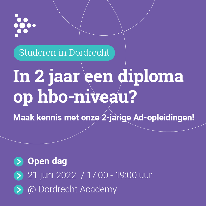 Morgen dinsdag 21 juni van 17-19 uur open dag <a href="/DordtAcademy078/">DordrechtAcademy</a>. Maak kennis met de tweejarige praktische hbo-opleidingen, afgestemd op de arbeidsmarkt in de #drechtsteden.  

✔️ logistiek
✔️ bouw
  ✔️engineering
 ✔️ pedagogiek
✔️ sociaal werk

Aamelden dordrecht.academy/open-dag