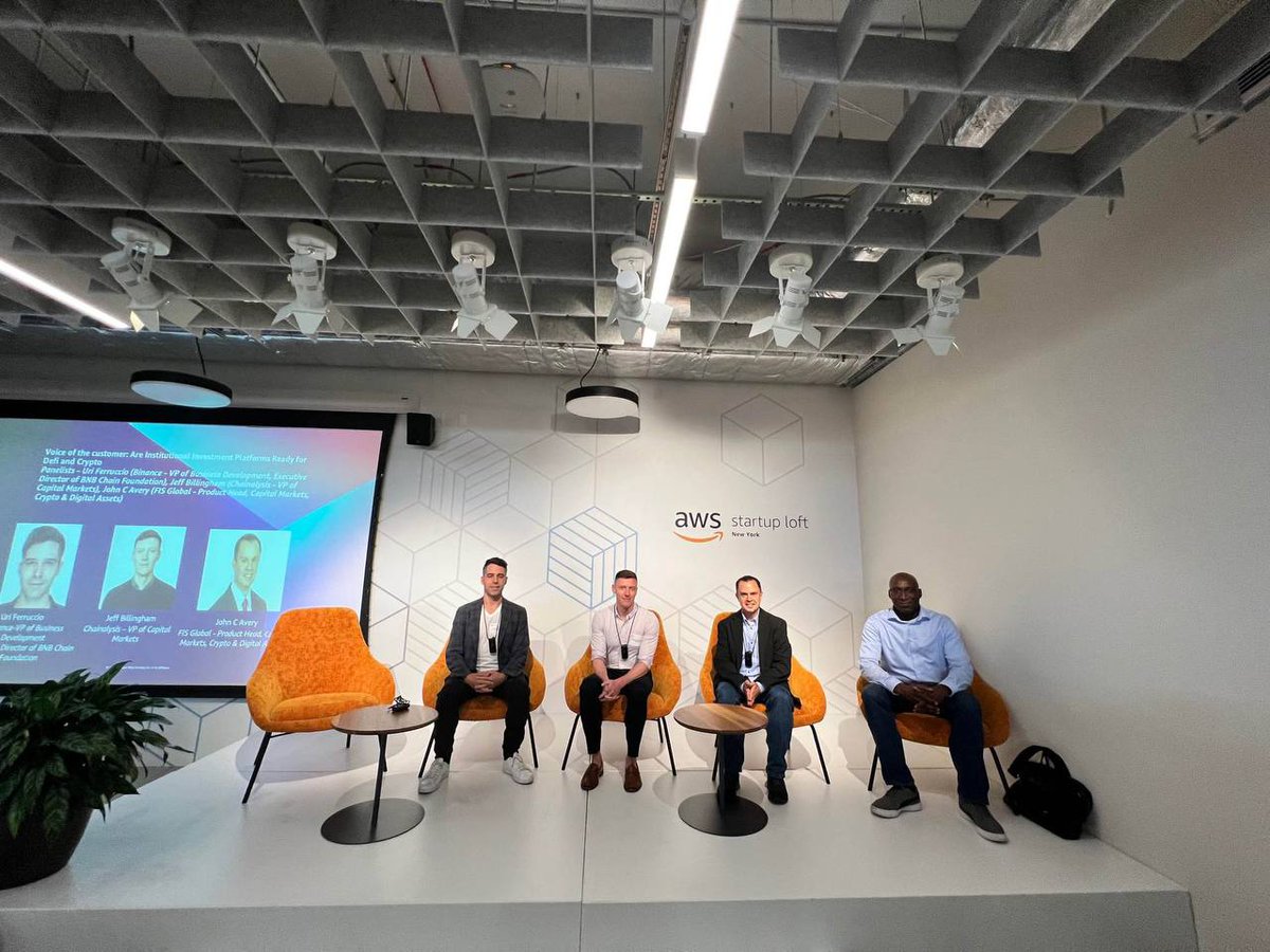 BNBCHAIN's tweet photo. Last week's @awscloud Blockchain Day in the AWS Startup Loft saw our very own @uriferruccio exploring how ready institutional investment platforms are for DeFi and Crypto!

#BNB https://t.co/JSjgjkPgd7