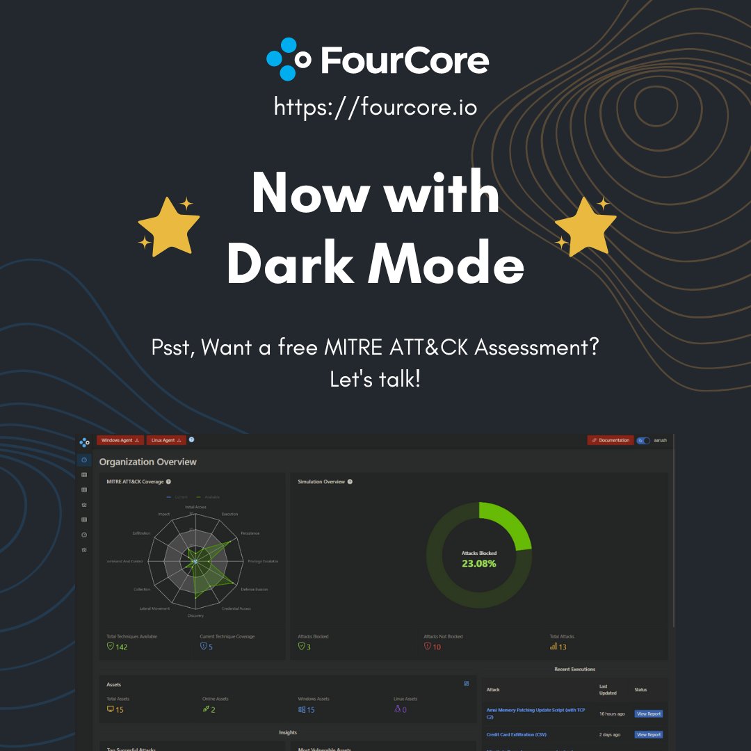 fourcorelabs's tweet photo. To make simulating #adversaries and optimizing #security controls even more convenient.
💫 #FourCore ATTACK now comes with a dark mode.
Assess yourself now with a free Endpoint Security assessment.
➡️ https://t.co/ne4zNVZd2k https://t.co/AKLOHkwD0M