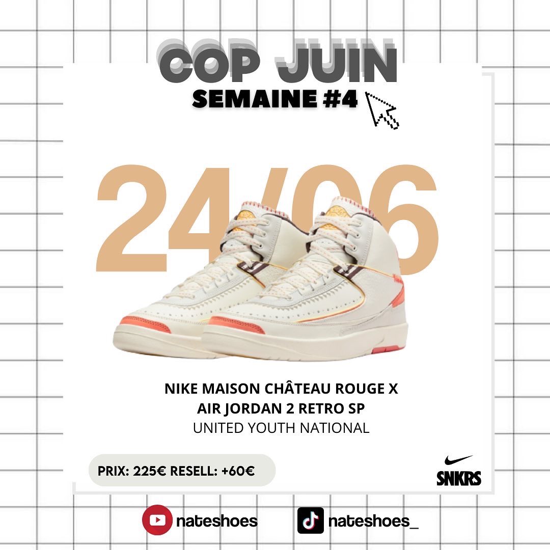 NateSHOW_'s tweet photo. Salut à tous! 👀
On se retrouve pour les 4 plus belles sorties de cette semaine, qui s’annonce plutôt sympathique! Personnellement, j’attends particulièrement la sortie de la collaboration entre Nike x Maison Château Rouge! Et vous? 🫣🔥 
#sneakers #copguide #snkrs #nike #jordan https://t.co/qWFfUFAHj6