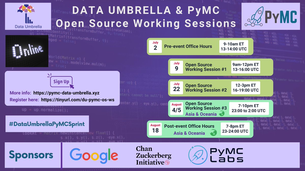 Data Umbrella (@dataumbrella) on Twitter photo 🧵
📣Join us: *online* working sessions to contribute to <a href="/pymc_devs/">PyMC Developers https://bayes.club/@pymc</a> #oss
👉🏽with a focus on underrepresented persons in #DataScience
🗓️ Jul/Aug 2022: office hrs + 3 sessions
We thank our sponsors <a href="/Google/">Google</a> <a href="/cziscience/">CZI Science</a> <a href="/pymc_labs/">PyMC Labs</a>
Submit a registration form:
pymc-data-umbrella.xyz/en/latest/2022… 🧵
📣Join us: *online* working sessions to contribute to <a href="/pymc_devs/">PyMC Developers https://bayes.club/@pymc</a> #oss
👉🏽with a focus on underrepresented persons in #DataScience
🗓️ Jul/Aug 2022: office hrs + 3 sessions
We thank our sponsors <a href="/Google/">Google</a> <a href="/cziscience/">CZI Science</a> <a href="/pymc_labs/">PyMC Labs</a>
Submit a registration form:
pymc-data-umbrella.xyz/en/latest/2022…