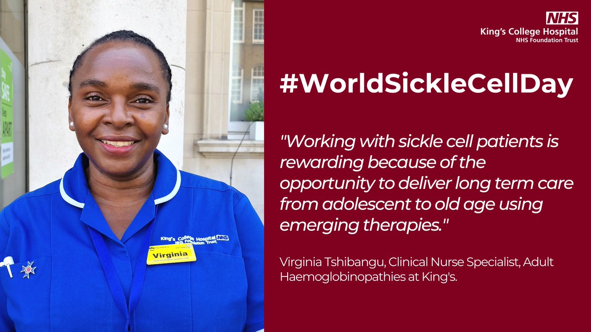 KingsCollegeNHS's tweet photo. 💬"Deliver long term care from adolescent to old age using emerging therapies."

Virginia Tshibangu, Clinical Nurse Specialist, in our Adult Haemoglobinopathies team, spoke about the outstanding care our teams provide to #SickleCell patients for 🩸#WorldSickleCellDay.

#TeamKings https://t.co/UQhlK9GKQ5