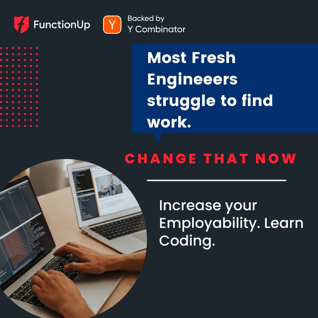 function_up's tweet image. According to Statista, only 55% of engineering graduates in India are employable. Only a handful of young graduates possess the next-generation technical skills like AI, Machine Learning, and Data Science; the skills industry actually needs.
functionup.org/?utm_source=So…